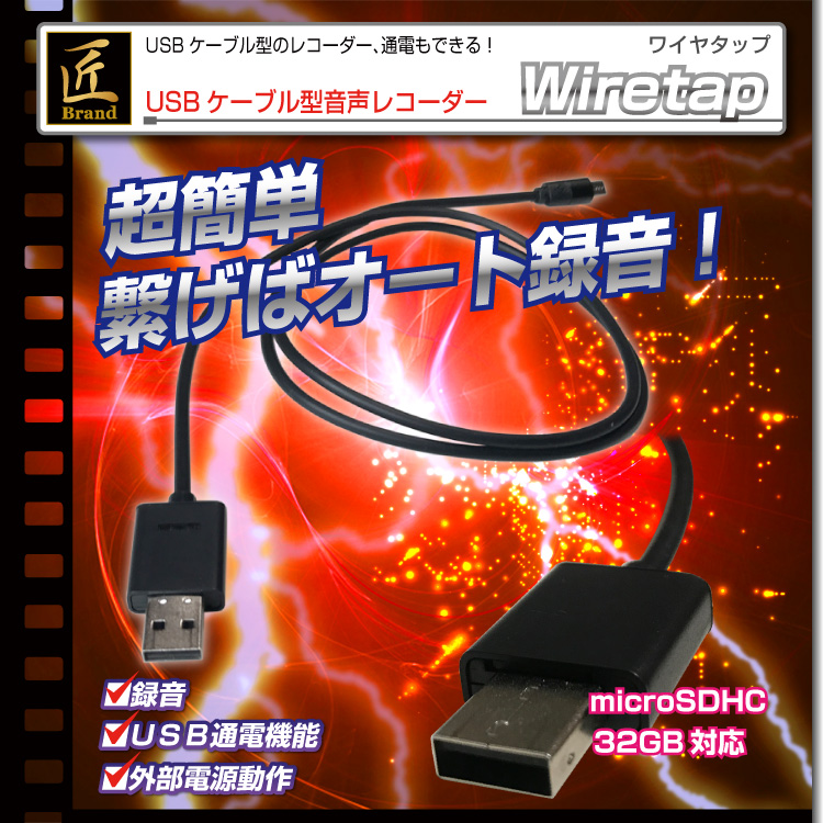 【小型レコーダー】USBケーブル型音声レコーダー(匠ブランド)『Wiretap』（ワイヤタップ）