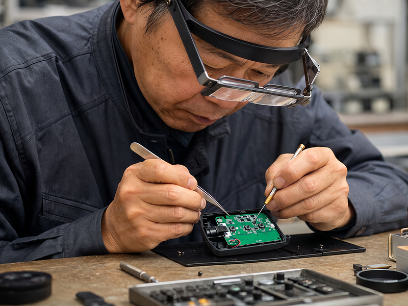 ルーペを使い小型カメラを手作業で製造する日本の職人