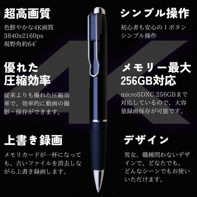 【小型カメラ】ペン型ビデオカメラ(匠ブランド)『Headmaster4K極』（ヘッドマスター 4K極）